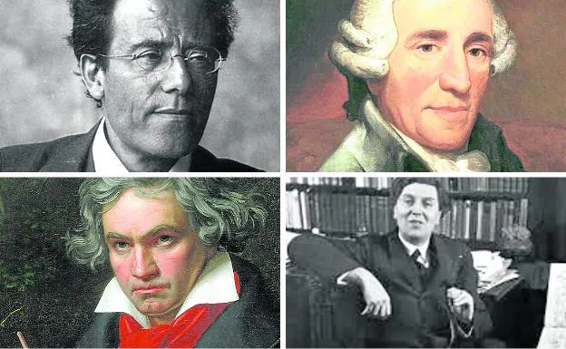 Arriba, Gustav Mahler y Franz Joseph Haydn. Debajo, Ludwig van Beethoven y Alban Berg.