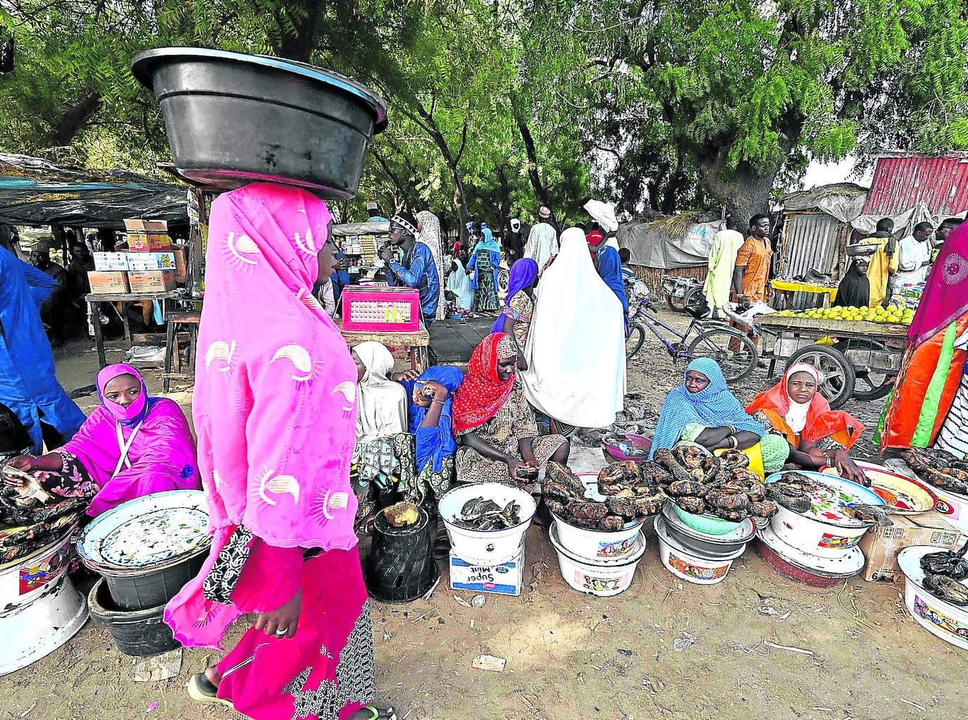 Vendedores de pescado en un colorista mercado de Diffa, localidad situada al sureste de Níger. 