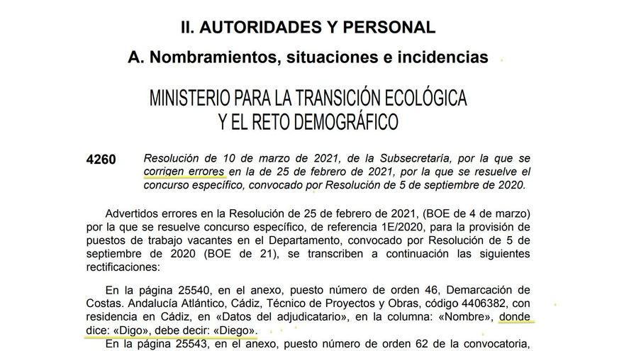 La corrección del BOE que se ha hecho viral: «Donde dice 'Digo' debe decir 'Diego'»