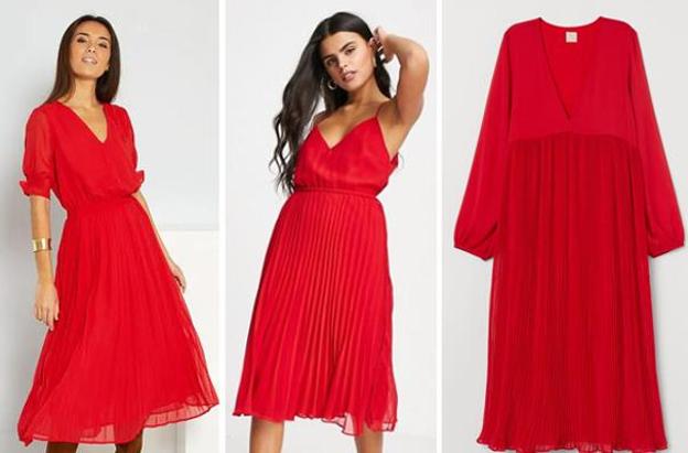 1. Vestido midi plisado de Kiabi (12 euros) / 2. Vestido midi rojo de Asos (39,99 euros) / 3. Vestido amplio de gasa de H&M (69,99 euros).