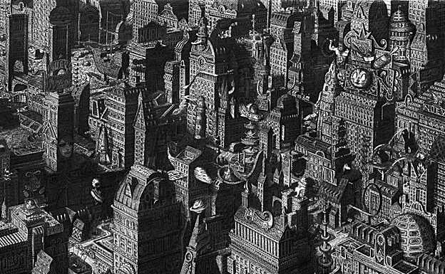 Imagen principal - Arriba, imagen de la obra a tinta con la que ganó la Bienal de Arte de Londres en 2019. Debajo, una imagen del mural digital 'American Football Laboratory', adjudicado como NTF or 21.000 euros en la web Makersplace. Y una de las gafas animadas de 'Cool Glasses'. 