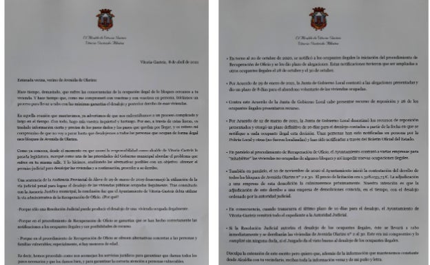 La carta enviada por el alcalde a los residentes legales de la Avenida de Olárizu.