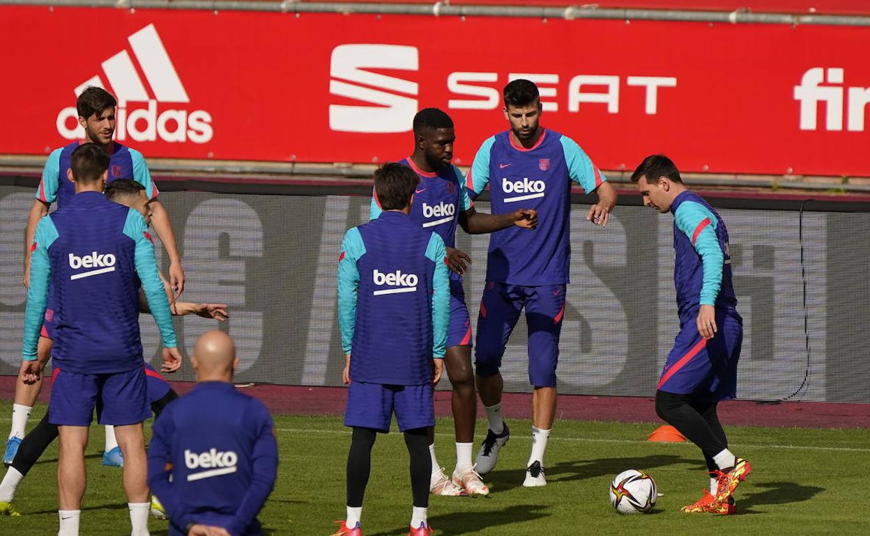 Piqué, en el entrenamiento de esta tarde.