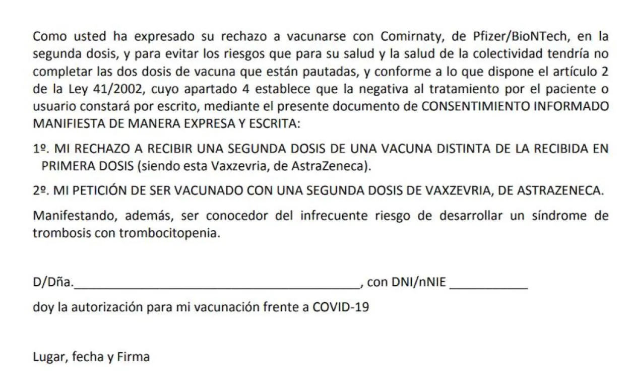 El formulario de consentimiento para vacunarse con la segunda dosis de  AstraZeneca | El Correo