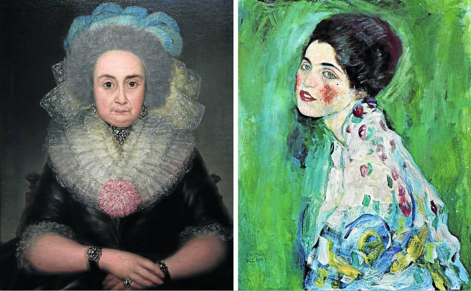 A la izquierda, 'Retrato de Bernarda Tavira' de Goya. A la derecha, 'Retrato de una dama' de Klimt, reaparecido en 2019. 