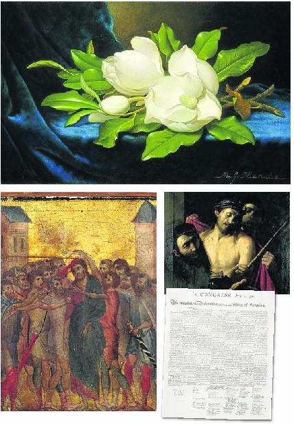 'Magnolias sobre paño de terciopelo dorado' de M. J. Heade; 'El Cristo burlado' de Cimabue, detalle del 'Eccehomo' atribuido a Caravaggio y Declaración de Independencia de EE UU. 