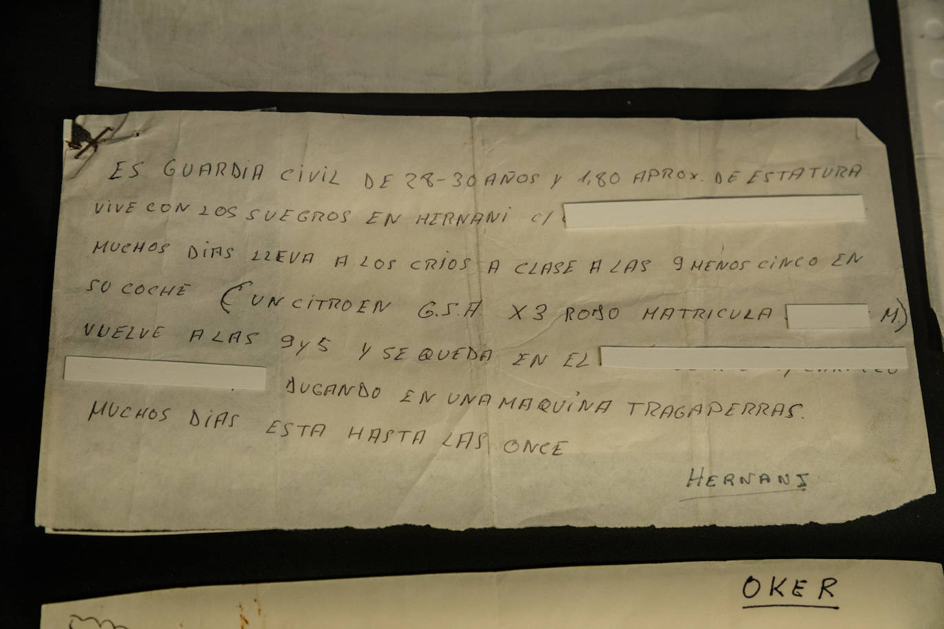 Documento en el que se registran los pasos de un guardia civil como posible objetivo de ETA.