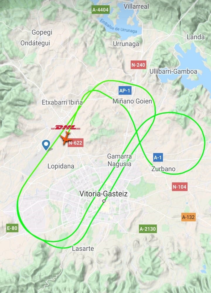 Rastro en forma de círculos que ha dejado el aparato en el radar.