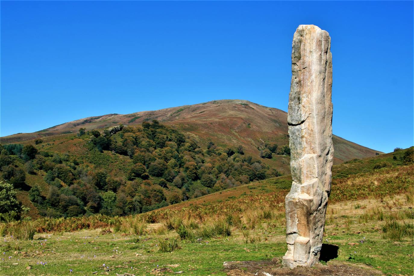 Menhir de Arlobi . Las primeras evidencias de presencia humana en las inmediaciones del Gorbeia se remontan a tiempos prehistóricos, hasta 130.000 años a. de c. Los monumentos megalíticos son una de sus principales evidencias, entre los que destacan los menhires, grandes rocas más o menos estilizadas dispuestas verticalmente sobre el suelo. Aunque en ocasiones aparecen en las cercanías de otros megalitos, en especial de crómlech, su función no es de carácter funerario, sino que parecen más bien relacionados con la delimitación o señalización de espacios determinados: pastizales, antiguos caminos, etc. Se adscriben generalmente a las Edades del Bronce o del Hierro. El de Arlobi, restaurado en la que se supone fue su disposición original en el paraje alavés del mismo nombre, es uno de los más conocidos de Gorbeia. Mide 5 metros y pesa algo más de 4 toneladas. 