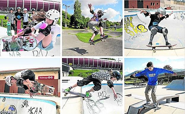 De izquierda a derecha y de arriba a abajo: 1. Frontside air. 2. Ollie. 3. Frontside fifty. 4. Backside air. 5. Rock and roll. 6. Nose slide. 