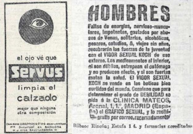 Anuncios publicados en agosto de 1921: la mítica crema para zapatos Servus y el versátil Vigor Sexual Koch.