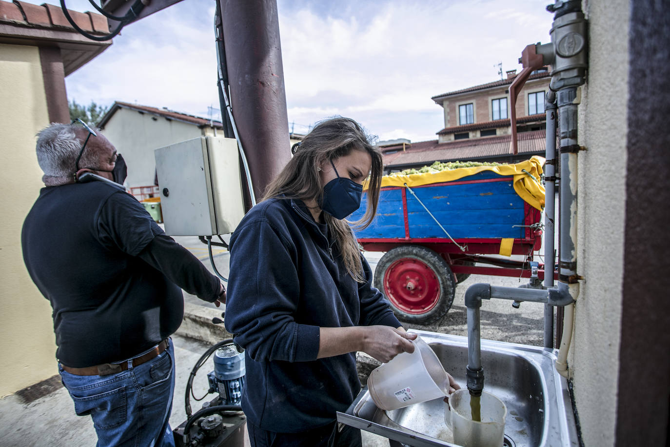 Antes de volcar el remolque en la tolva, se extrae una muestra de mosto