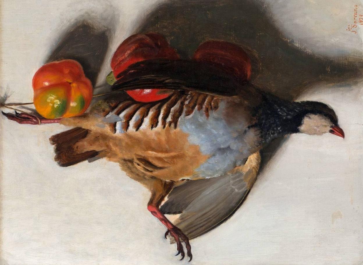 Bodegón de perdiz y pimientos. Joaquina Serrano y Bartolomé, 1875 (Wikimedia CC BY-SA-4.0).
