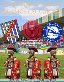 Imagen secundaria 2 - Una delegación del equipo se desplazó a Madrid para el sorteo copero. En la segunda foto, el técnico, Gonzalo del Valle. Abajo, el cartel del encuentro con el lema 'En nuestra casa, no bajamos Laguardia'. 