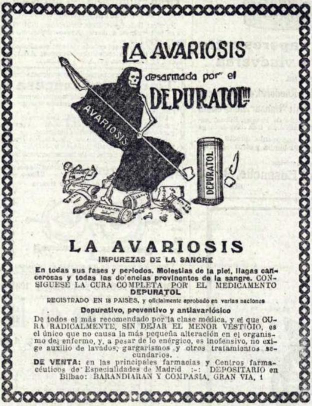 Anuncio publicado en diciembre de 1921 de Depuratol, remedio contra la avariosis (sífilis).