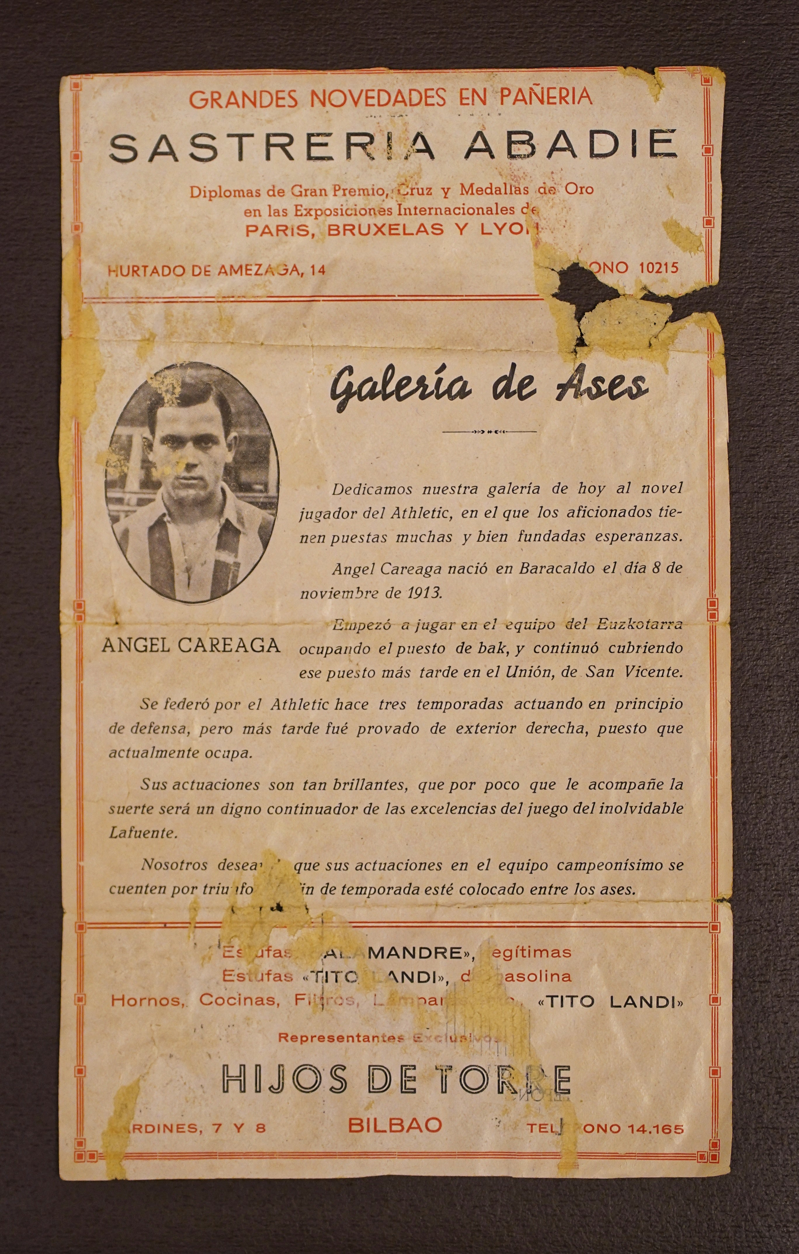 Galeria de ases. Ficha de Careaga antes de la campaña 1935-36, la última que jugó antes de morir.