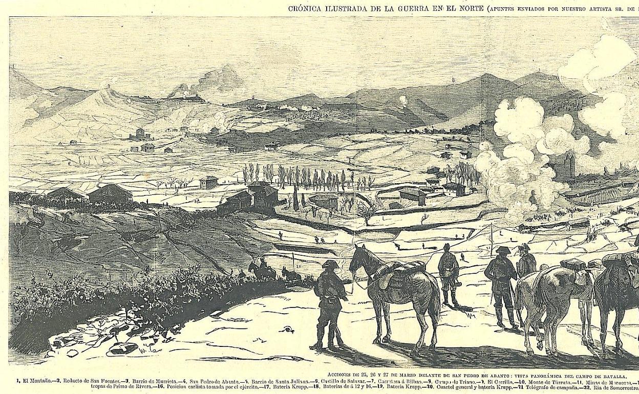 Batalla de Somorrostro (1874). Xilografía publicada en 'La Ilustración Española y Americana'. La firma el grabador Marcelo París a partir de los «apuntes enviados por nuestro artista Sr. Pellicer». 