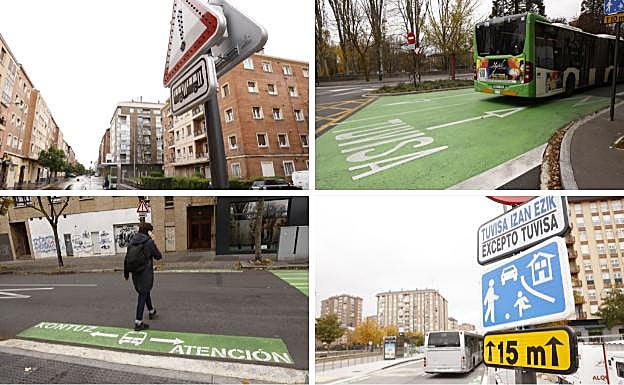 Señales que advierten de peligro, el carril exclusivo pintado de verde para vehículos de Tuvisa, paso sin preferencia para peatones e indicación de zona residencial.