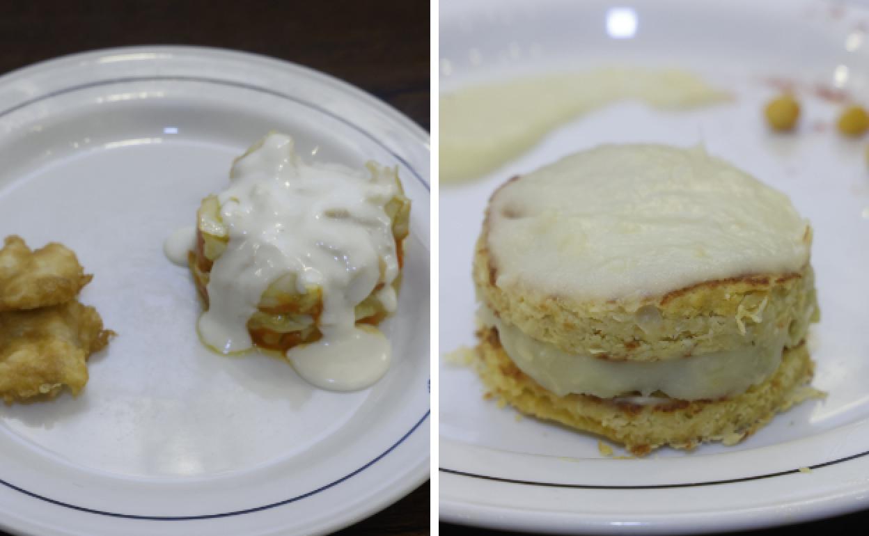 Los cocineros prepararon el bacalao de Giraldo y los garbanzos de Garlan en dos timbales y los alternaron entre capas con sabrosas cremas.