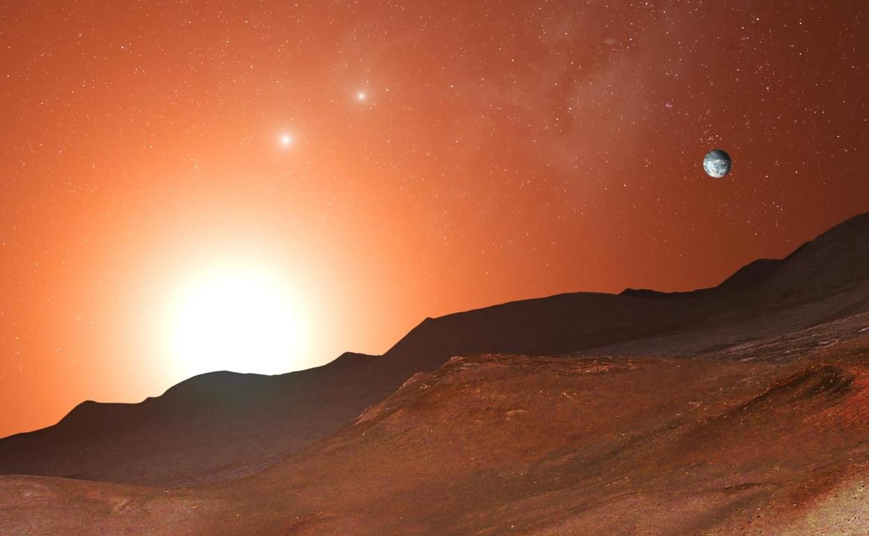 Representación artística de la superficie de Próxima d, el planeta encontrado en órbita de la estrella enana roja Próxima Centauri. 