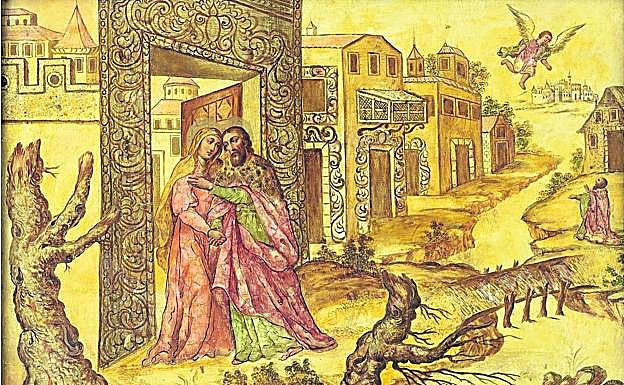 El abrazo frente a la Puerta Dorada. Enconchado, s. XVIII.