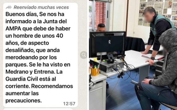 Mensaje que circuló en diversos grupos de WhatsApp alertando de la presencia de R.E. en entornos frecuentados por menores. 