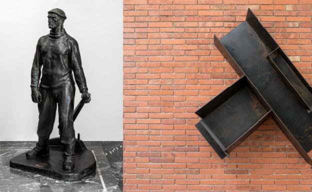 A la izquierda, QUITÍN DE TORRE. 'El timonel'. 1913. Bronce. || A la derecha, TXOMIN BADIOLA. 'E. L. (El Ruso)'. 1987-1988. Acero.