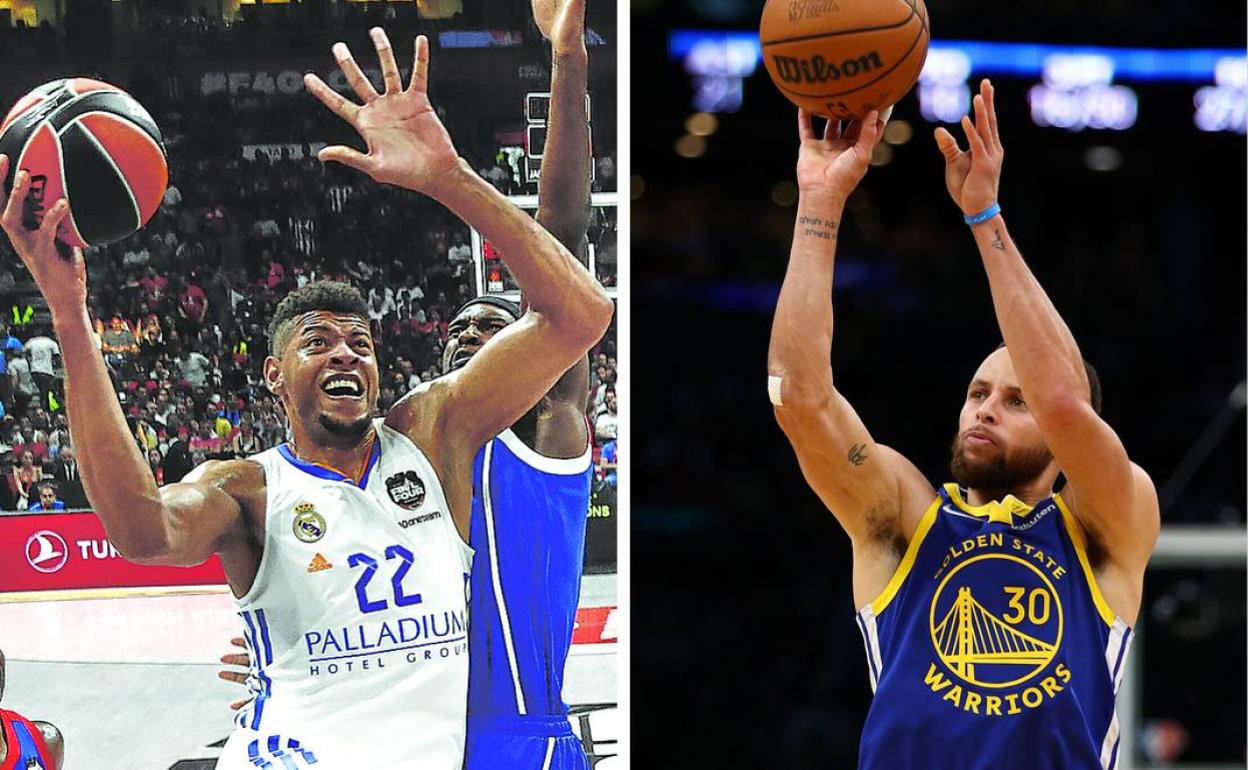 Tavares, un pívot, condiciona el baloncesto en Europa. A la derecha, Stephen Curry.