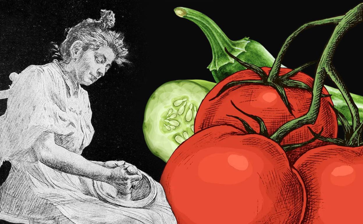 Mujer haciendo gazpacho (dibujo de Ángel Díaz Huertas para ABC, 1897) y hortalizas.