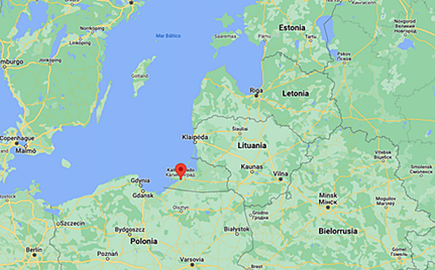 Ubicación de Kaliningrado, junto al Mar Báltico, entre Polonia y Lituania. 