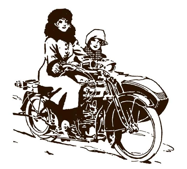 Ilustración de dos mujeres en una moto con sidecar.