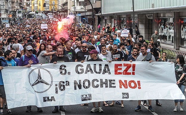 Protesta de los trabajadores que exhiben una pancarta contra la conocida como 'sexta noche' y con las siglas de los sindicatos ELA, LAB y Esk