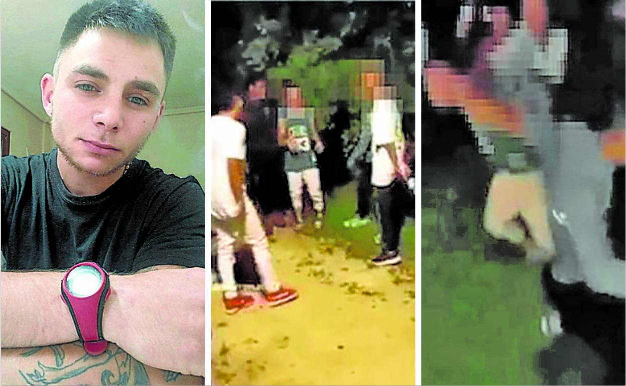 Imagen de Álex cuando residía en Lemoa y a la derecha, capturas de la brutal paliza que recibió. 