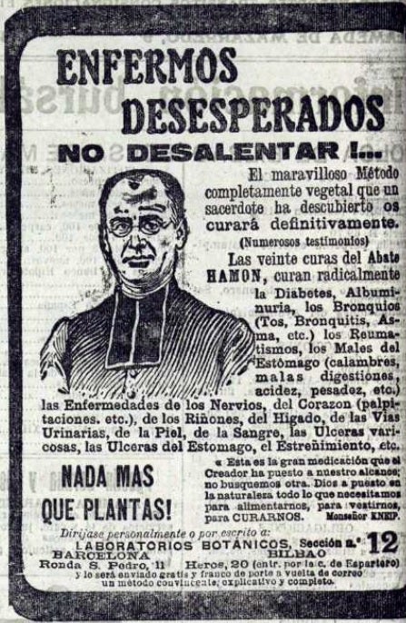 Anuncio de las veinte curas del abate Hamon, publicado en agosto de 1922.