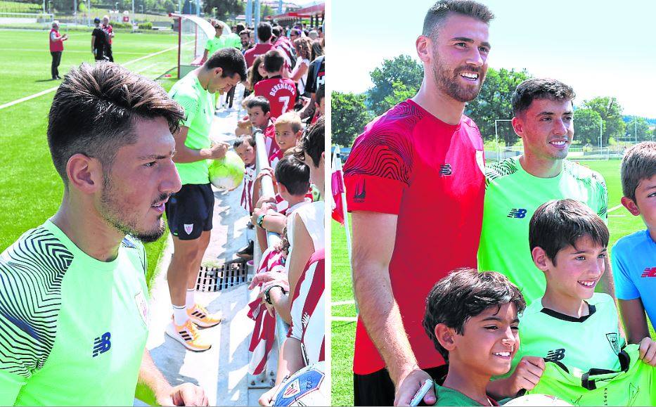 A la izquierda, el centrocampista Unai Vencedor con un joven hincha. Y a la derecha, varios niños posan con el portero internacional Unai Simón. 