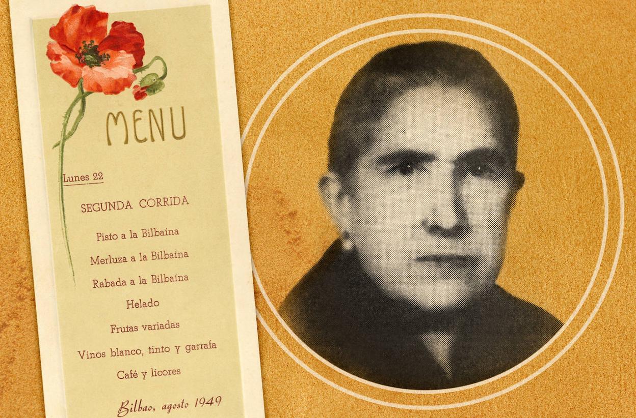 Menú servido por Pura Iturralde en las corridas de 1949 y retrato de la cocinera. 