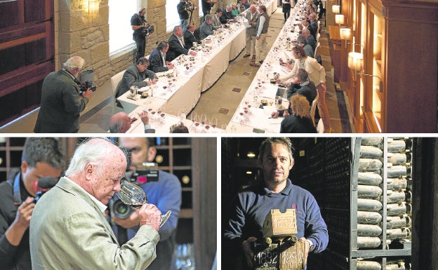 Arriba, la mesa al completo, con master of wine, master sommeliers, prescriptores y periodistas de todo el mundo. Abajo, Paco Hurtado de Amézaga cata el primer vino, de 1862 y las botellas, que salieron minutos antes de 'La Botellería'. 