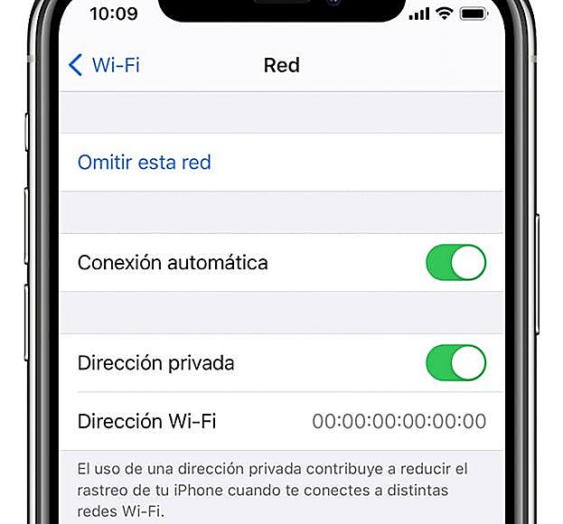 Configuración de direcciones privadas en iOS.