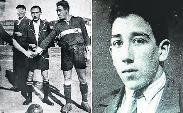 Oteiza ejerciendo de capitán de la Gimnástica Burgalesa durante los saludos protocolarios antes de un partido y un retrato suyo de joven.