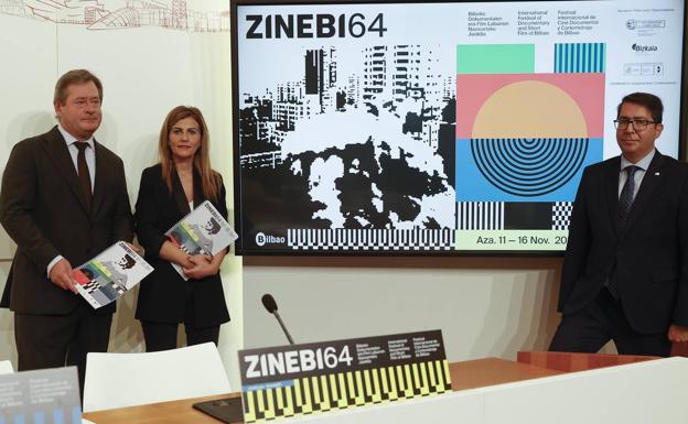 La directora de Zinebi, Vanesa Fernández, entre el consejero de Cultura, Bingen Zupiria, y el concejal de Cultura de Bilbao, Gonzalo Olabarria.