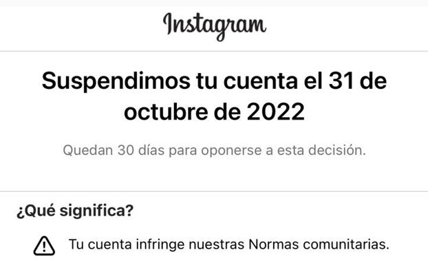 Mensaje que están recibiendo algunos usuarios en Instagram. 
