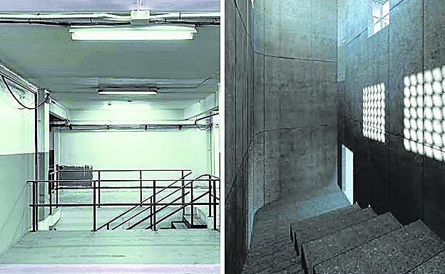 A la izquierda, aspecto interior actual del espacio. A la derecha, una imagen de cómo quedará zona de la escalera. 
