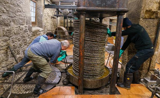 Tres hombres apilan los capachos con la pasta de aceitunas.