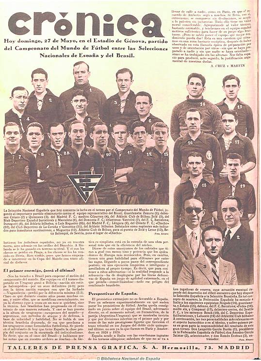Artículo de prensa del España-Brasil clasificatorio para el Mundial de 1934.