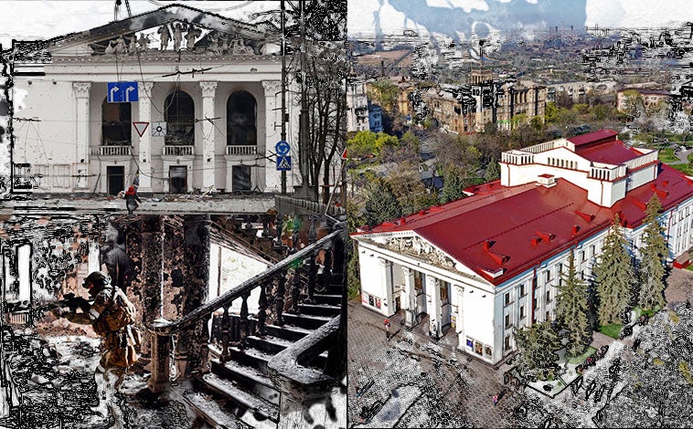 A la izquierda: Arriba, el estado del teatro tras el ataque. Abajo, un soldado ruso patrulla entre las ruinas del edificio. A la derecha, la forma original del teatro antes del ataque