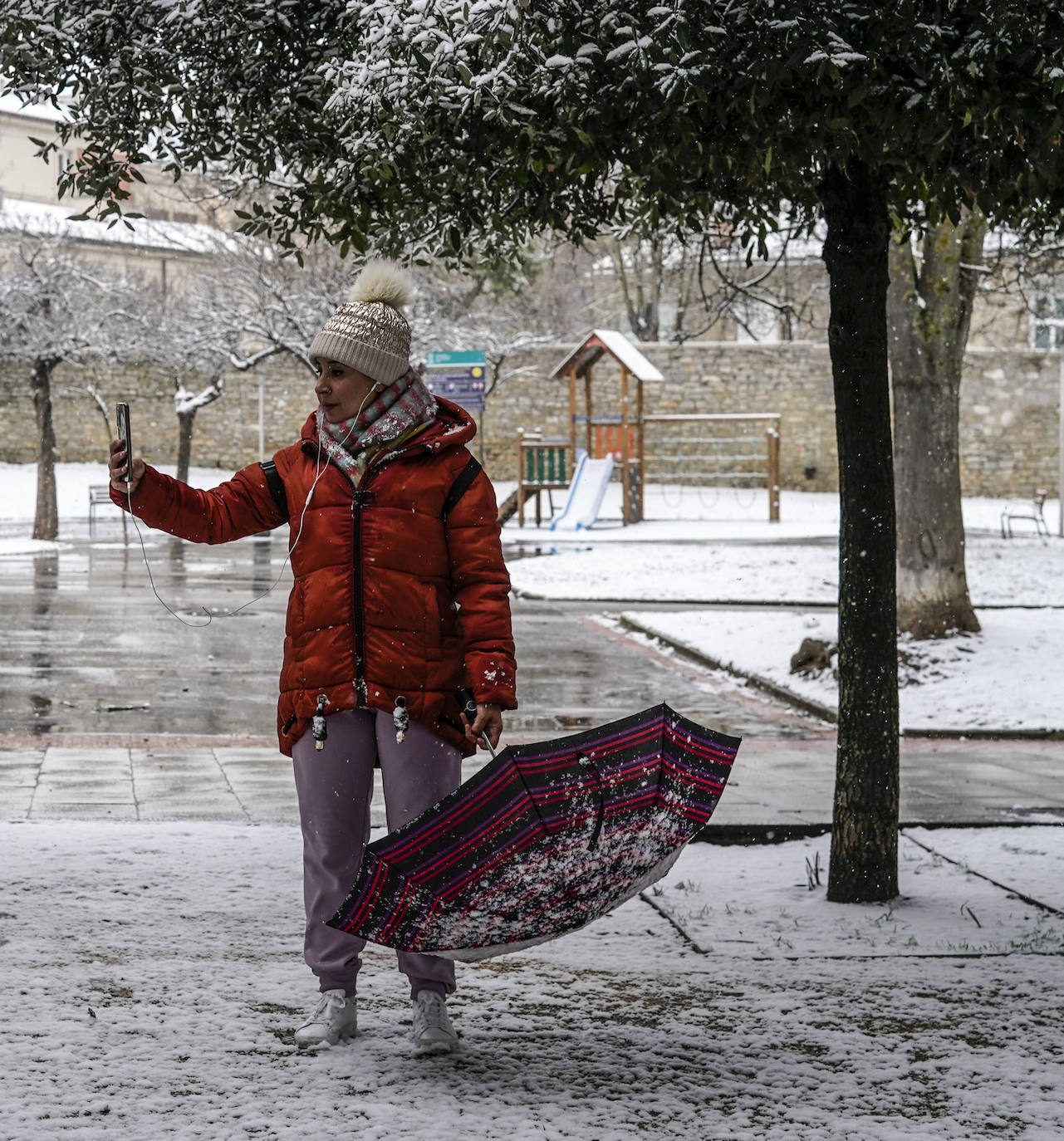 La nieve arrecia en Vitoria y dificulta la conducción en Álava