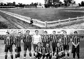 Panorámica de Mendizorroza ya con hierba natural a mediados de los años 20. Debajo, una alineación del Sestao Sport de aquella época.