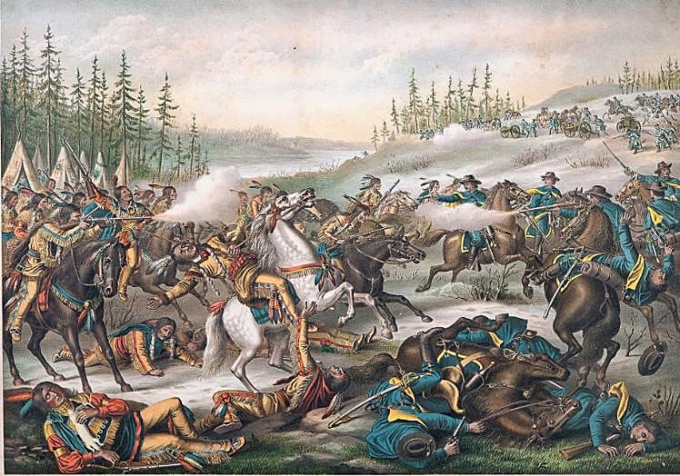 Muerte del líder hunkpapa lakota Tȟatȟáŋka Íyotake, Toro Sentado, en una ilustración de 1890.