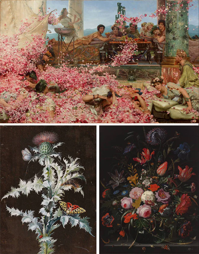 'Las rosas de Heliogábalo' de Lawrence Alma Tadema ( 1888), 'Cardo' de Barbara Regina Dietzsch (1750), y 'Jarrón con flores' de Abraham Mignon (1665).