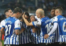 Los jugadores albiazules celebran el gol de la victoria ante el Leganés.